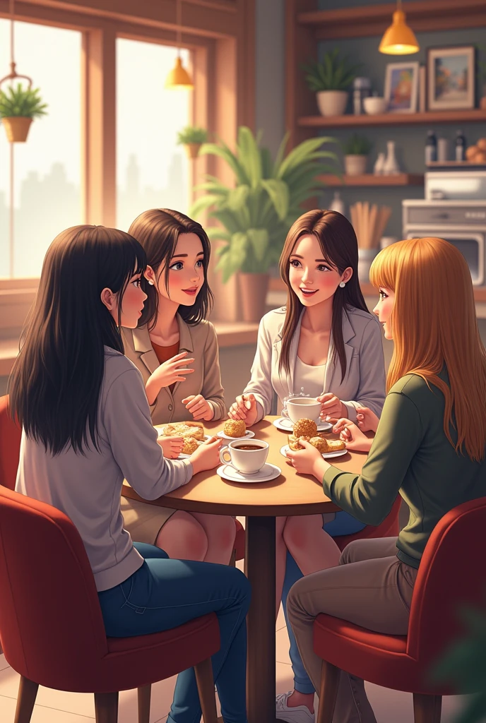 A group of five female friends in a cafe talking happily