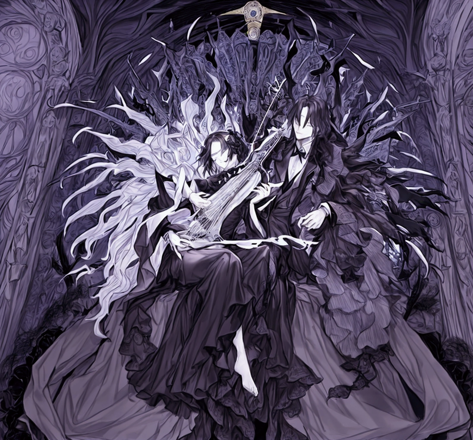 Ink illustration, black and white,  Harry Clarke style, ((artwork)) In the foreground Niccolo Paganini in a black suit with a cape, white shirt and black collar, bare feet playing the violin with inspiration, eyes closed, Demons dance around, fog in the environment, Drawings of musical notes emerge from the violin in a garland like a pentagram 