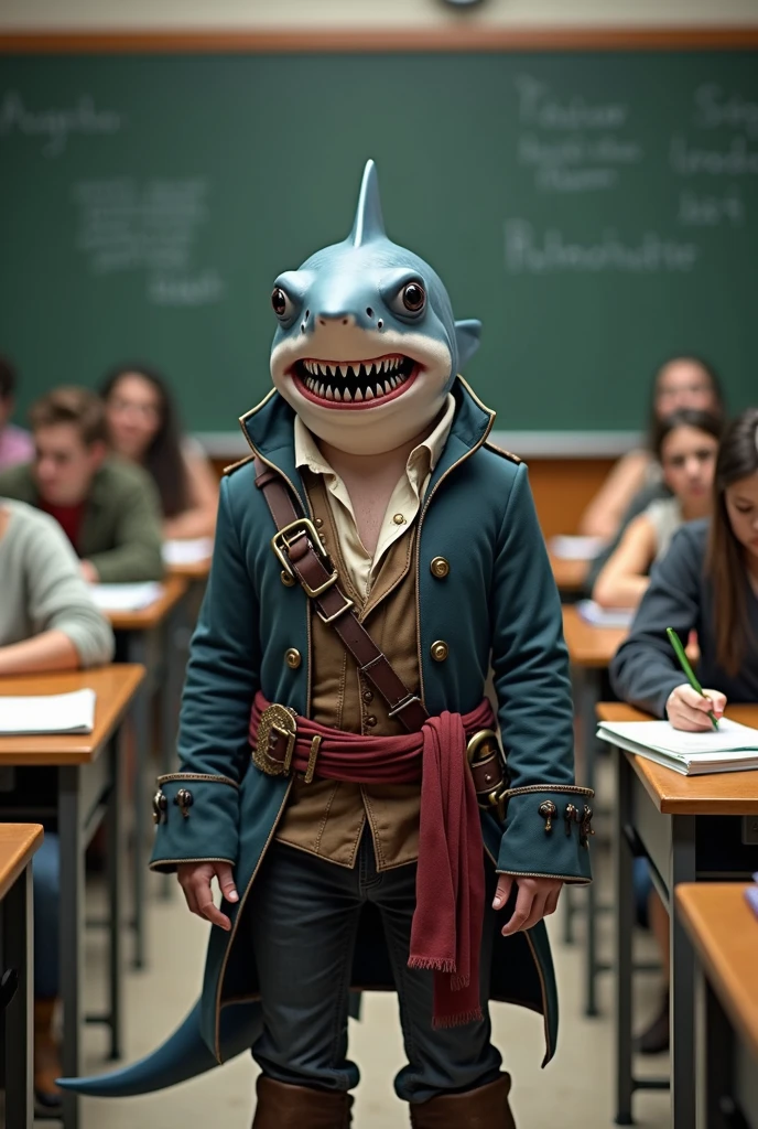an anthropomorphic shark with a single fin and wearing a pirate outfit, like jack sparrow taking a test in a classroom with humans