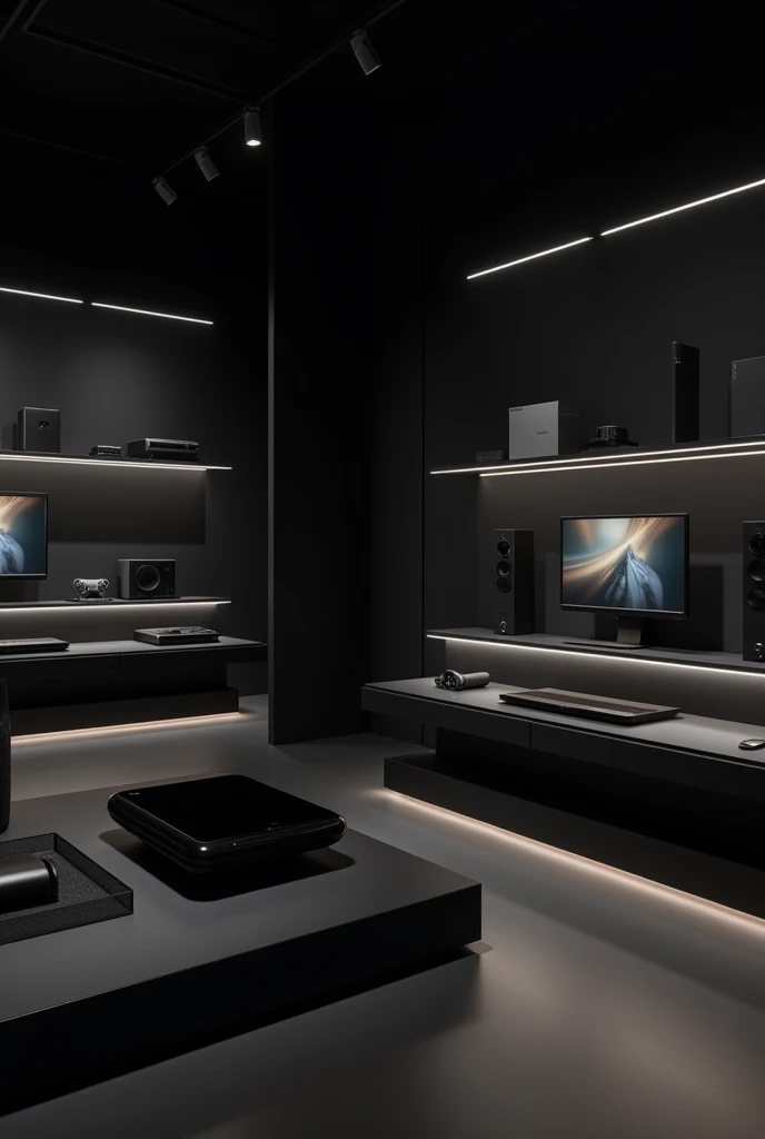 Modern electronics store with no people inside, black color