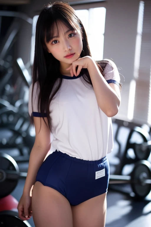 A beautiful, shy girl in a high-resolution image, covering her bloomers with both hands, with extremely detailed, anatomically correct, high-quality, detailed, ultra-fine, 8K, studio photography, sharp focus, photorealistic skin texture, wearing a short-sleeved gym uniform and navy blue bloomers, showing her attractive thighs.