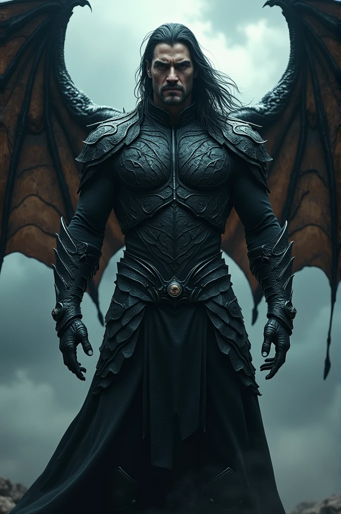 A man in black armor with dragon scale details, dragon wings, vampire teeth and long hair 