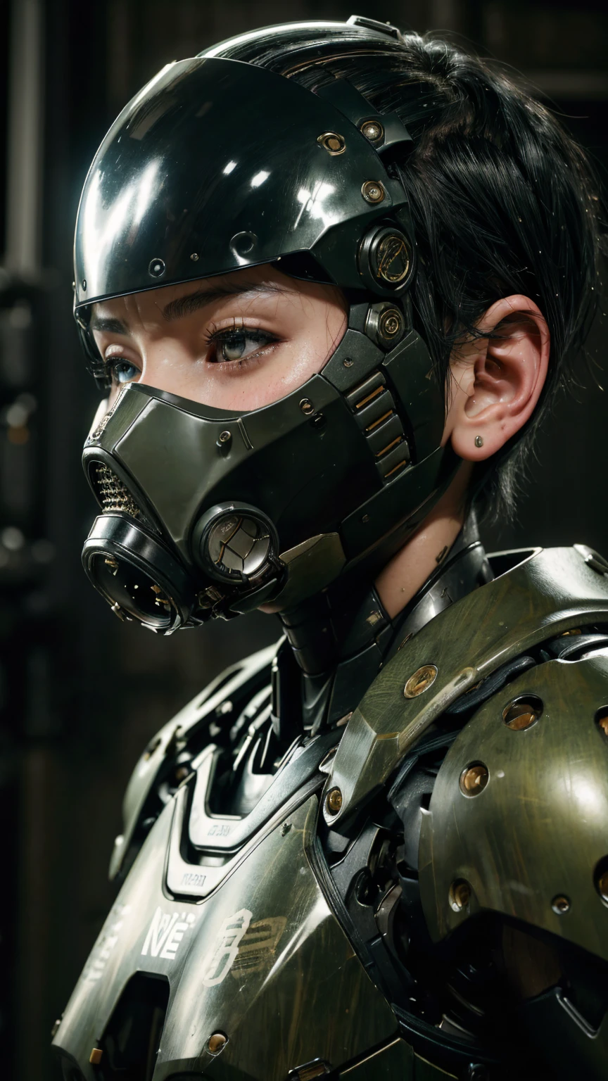 Textured skin, Very detailed, Attention to detail, high quality, 最high quality, High resolution, 1080P, hard disk, beautiful,(War Machine),beautifulサイボーグ女性,Mecha Cyborg Girl,BATTLE MODE,Girl with a mechanical body Black Hair Short Hair Boyish Dark green armor Sweaty and wet face The change is over Met Off Steam coming from the head Steam coming out of the whole body Painful expression Please open your mouth wide Snug-fitting headgear Black Inner Suit Full body portrait Gas mask with a long nozzle from the front