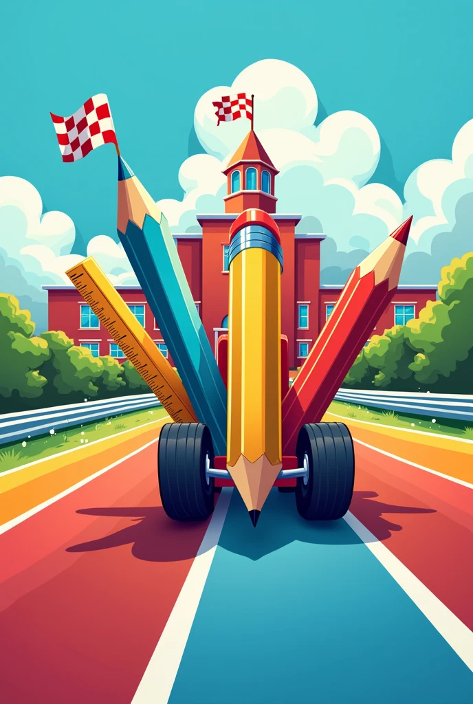 a logo of "Ready, Set, School!": A design featuring a race track with a pencil, eraser, and ruler as the racers, heading towards a school building. The text could be in dynamic, action-oriented fonts, with bright primary colors to capture excitement.