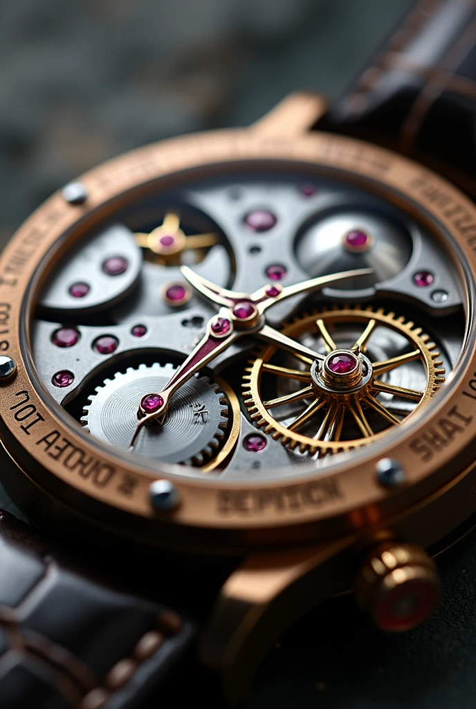 Close-up of the mechanism of an automatic watch open heart watch camera focused on all the gears and movement mechanisms, All its mechanism with very bright red rubies and beautiful pinions, very detailed and perfect, seen through the very fine and bright glass mica.
