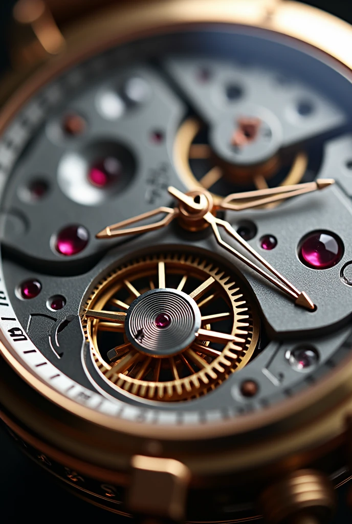Close-up of the mechanism of an automatic watch open heart watch camera focused on all the gears and movement mechanisms, All its mechanism with very bright red rubies and beautiful pinions, very detailed and perfect, seen through the very fine and bright glass mica.