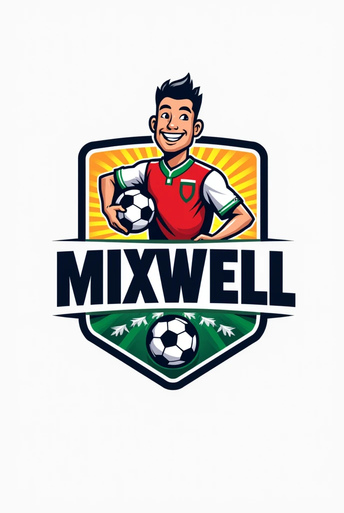 Un logo d'un équipe avec un nom MIXWELL  et un footballeur tenant un ballon en souriant 