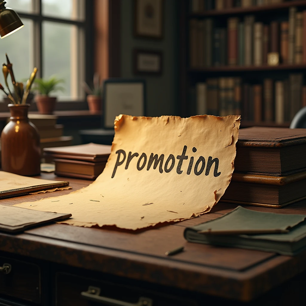 A paper with the writing "PROMOTION" on it, office desk, old, antique,