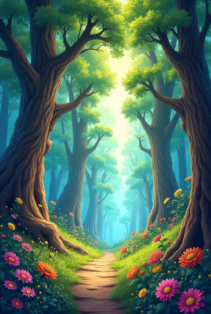 Vibrant enchanted forest illustration with tall trees and colorful flowers."