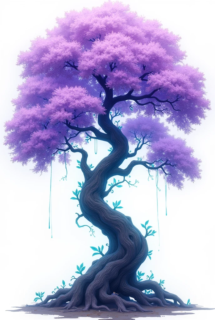 illustration, flowering tree, dark with purple details and with blue and turquoise details, magic theme, mysterio, charm, white background