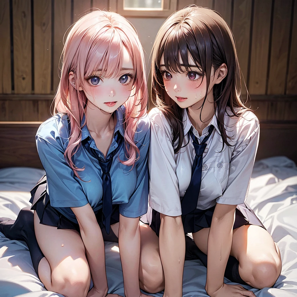 On all fours、Scrounge,Connected saliva,kissしている2 people,Female couple.Hug each other strongly,Lesbian,caress,kiss,Face to Happy Ah,(masterpiece:1.2, Highest quality), (Realistic, photoRealistic:1.4), Beautiful illustrations, (Natural Side Lighting, Cinema Lighting), Browsing Caution, Two people gazing into each other's eyes, Love each other, 2 people, Japanese, high school girl, Perfect Face, Cute and symmetrical face, Glowing Skin, slimy skin,Wet Hair,
(Long Hair:1.8, Straight hair:1.7, Light blonde,Light pink hair), Asymmetrical bangs,, (Large Breasts:1.1, Thick thighs),
Beautiful Hair, Beautiful Face, Beautiful attention to detail, Beautiful clavicle, Beautiful body, Beautiful breasts, Beautiful thighs, Beautiful feet, Beautiful fingers,
((Light blue collared shirt, Light pink collared shirt,Navy pleated mini skirt, Knee socks, Untied tie)), See-through shirt、Pink Panties,
(Beautiful views), On the bed, (Staring,Watery eye, Upward glance), Erect nipples,bottomless