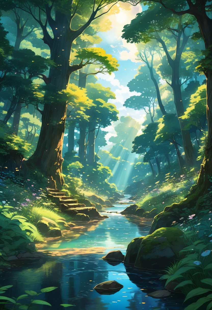 Viral anime nature wallpaper in 4K quality, in the style of digital illustration inspired by Hayao Miyazaki, featuring a serene forest with towering ancient trees, dappled sunlight filtering through the leaves, a gentle stream flowing through the scene, and mystical creatures peeking from behind the foliage; vibrant and warm color temperature, cosmos lighting with stars twinkling in the sky, no human characters, the atmosphere is tranquil and enchanting