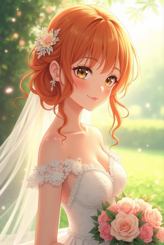 a woman about 2. She has orange hair, sparkling golden brown eyes, wearing a white wedding dress, she is a bride. anime character