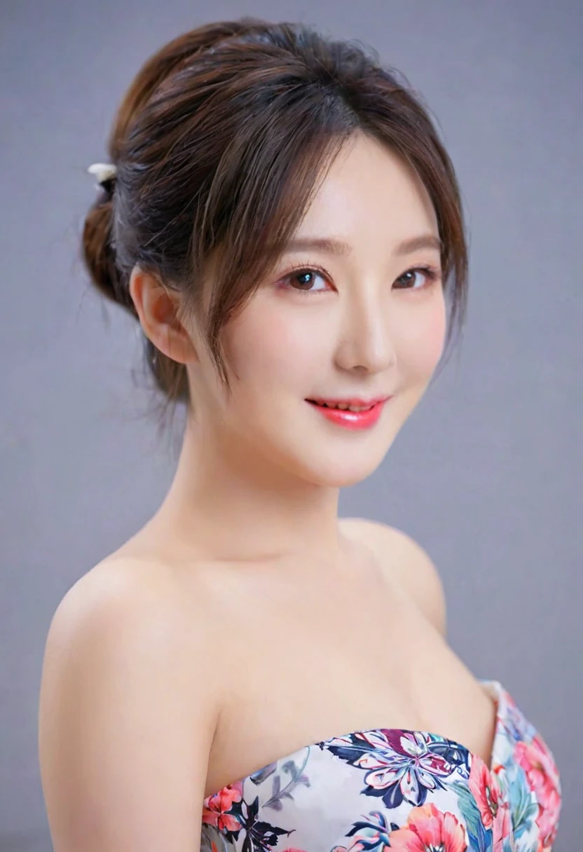 A beautiful girl, perfect pink eyes, smiling, fantastic face, Korean, attractive beautiful K-pop face, beautiful look, detailed elegant printed modern dress, updo elegant hair, blurred gray tones background, ultra focus, face illumined, face detailed, 8k resolution