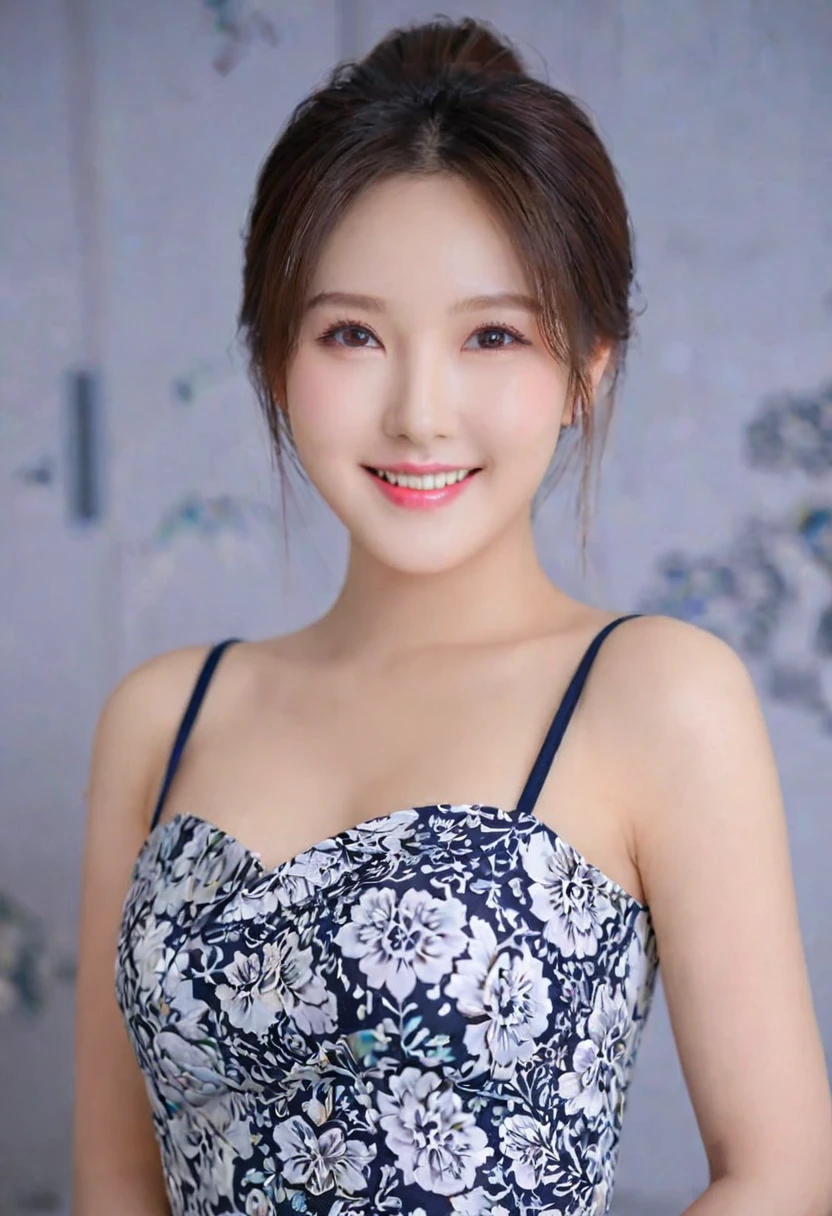 A beautiful girl, perfect pink eyes, smiling, fantastic face, Korean, attractive beautiful K-pop face, beautiful look, detailed elegant printed modern dress, updo elegant hair, blurred gray tones background, ultra focus, face illumined, face detailed, 8k resolution