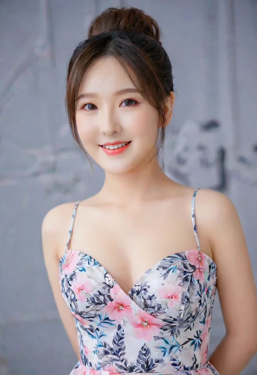 A beautiful girl, perfect pink eyes, smiling, fantastic face, Korean, attractive beautiful K-pop face, beautiful look, detailed elegant printed modern dress, updo elegant hair, blurred gray tones background, ultra focus, face illumined, face detailed, 8k resolution