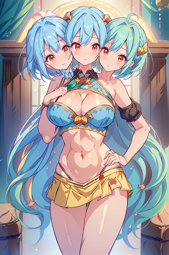 (masterpiece, best quality),best quality, best resolution, (ultra-detailed), ((3heads:1.5)), 1girl, three heads, (keiki haniyasushin:1.3), masterpiece, best quality, ultra quality, ultra resolution, yellow top, crop top, ((stomach)), midriff, ((groin)), yellow skirt, miniskirt, normal ears, shackles, sky (light blue hair:1.5), (same hair color), (blunette:1.5), very long hair, wavy hair, beautiful eyes, red eyes, parted lips, smiling, soft smile, cute smile, cute, toned belly, hand on own chest, eyelashes, (2 woman:1.3), (masterpiece:1.5), (best quality:1.5), (beautiful detailed), extremely detailed CG, extremely delicate and beautiful, depth of field, (finely detailed face), (perfect details:1.2), (mature female:1.3), wide pelvis, slender, large veiny breast, 16k resolution, highres, high quality, high definition, extremely detailed, masterpiece, sky blue hair, long hair, alluring presence, twin braid, short skirt, close up, very big breasts, huge breasts, young, green handkerchief, (wearing a haniwa:1.4), kofun period clothing, three headed girl, 3heads,