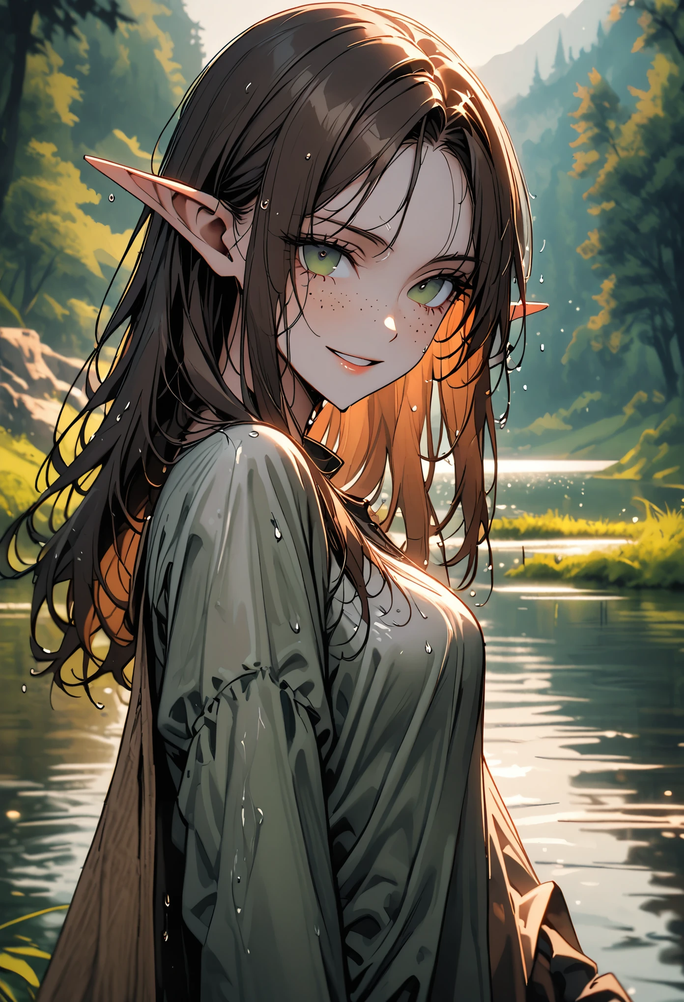 solo, female, elf, huge pointed ears, medium breasts, long brown hair, dark green eyes, freckles, medieval, come hither, close up, sexy pose, lake, forest, sackcloth shirt, lakeside, wet, coming out of the water, wide happy smile, very tall, slender,