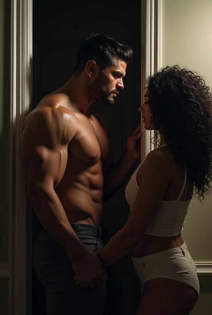 With the man at the door Generate an image where a handsome dark black man is slamming the door at a dark beautiful woman with curly hair 