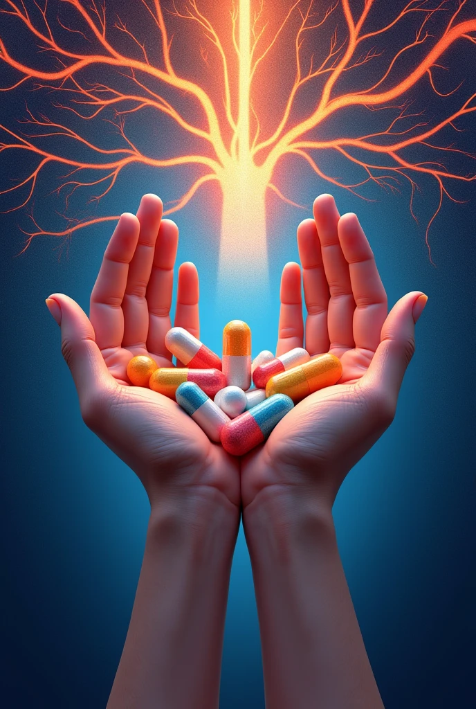 Hands Holding Medicines with Abstract Background of Trigeminal Nerve in Head The image of hands holding different medicines, with an abstract background that refers to the trigeminal nerve,
