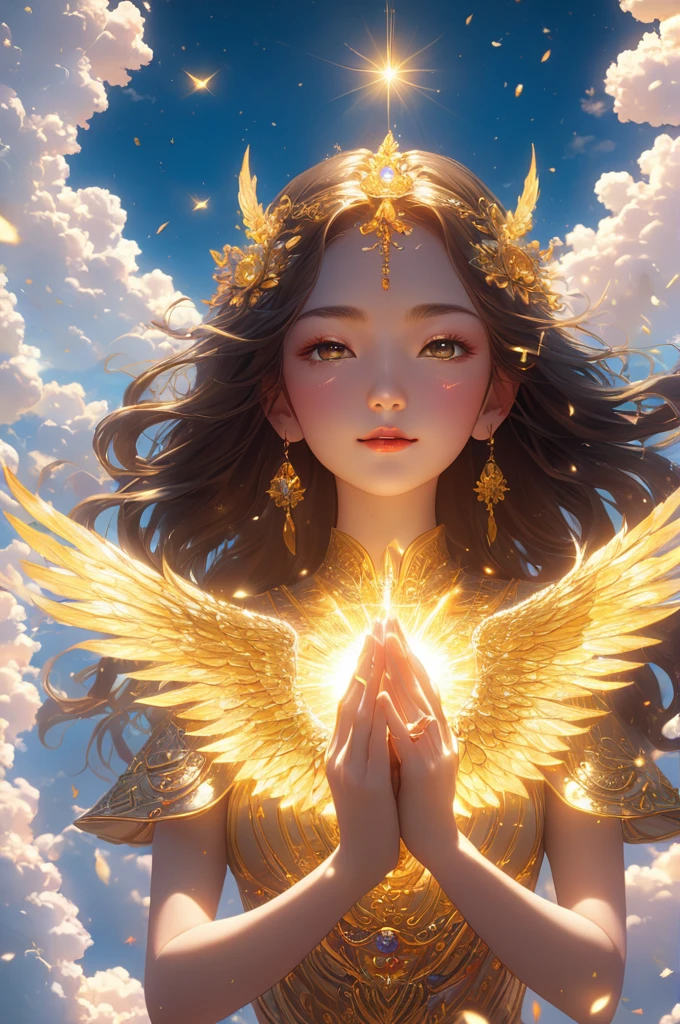 (アニメ:1.5), samsara wings, golden buddhism cycle of death, karmic cycle sparks, ((8k artistic)), ((surrealism concept art)), (award-winning photograph:1.5), soft natural volumetric cinematic perfect light, vivid cinematography, imagination, perfect anatomy, perfect detailed eyes, insane beauty, full body shot, bokeh, high detailed, masterpiece art, digital art painting, ultra detailed, LenkaizmART, ColorART, Leonardo Style, illustration, vector art, 1 girl, upper body,Above the Clouds、sunshine background、Hands clasped in front of each other