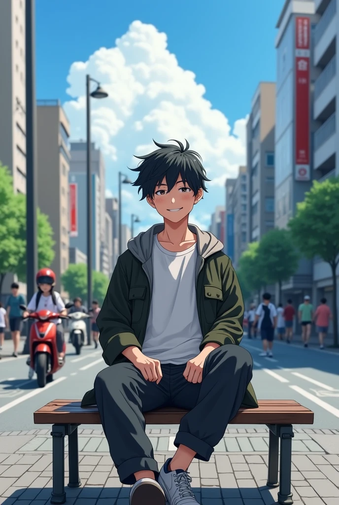 young man shorty black messy haircut, wear t-shirt jacket clothes, long pant clothes, sit down in bench behind boutique store, natural, sweetly smile, pole lamps, amazing clouds, busy, cars, motorcycle, bcycle, people, real hyper realistic, real human japanese, UHD 8k, detailed photo, perfect face, detailed places, landscape, full body, photo was taken from a distance on stone land sidewalk the tokyo city