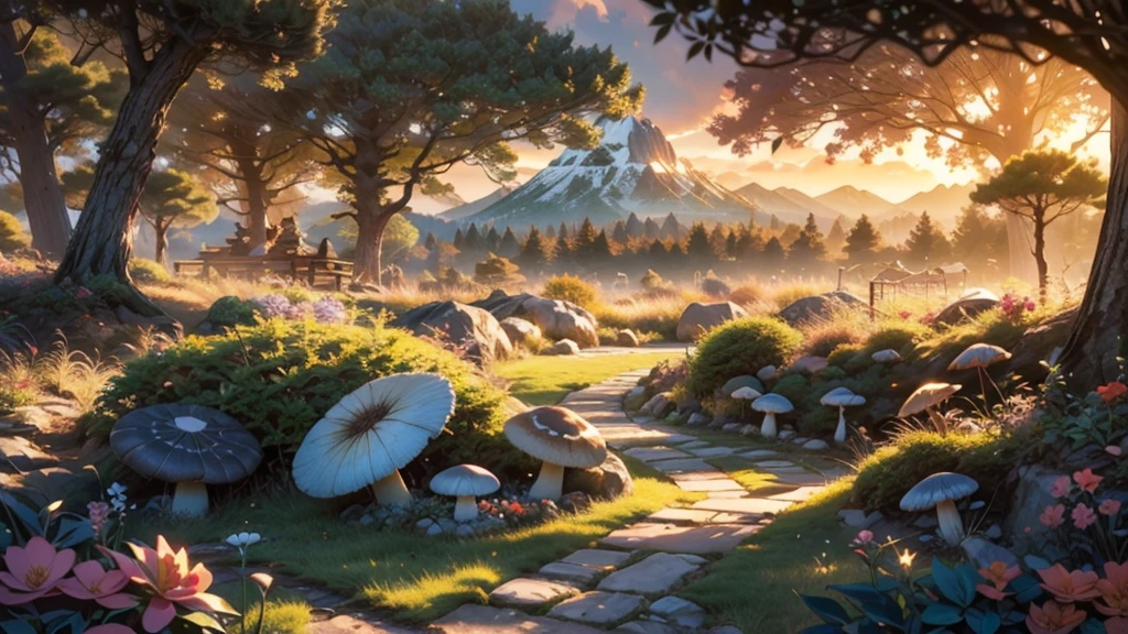a futuristic small low pod home in a beautiful japanese garden, incredible view with dramatic mountain range, rocks plants flowers shrubs bushes trees moss lawns grass mushrooms,colourful sunset and strong sunbeams,very hazy,extreme details,photorealistic,4k,HD,beautiful,nature, dreamy, low shot,ground level photo, good luminosity, high ambience