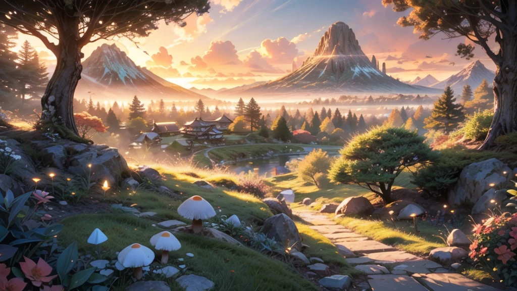 a futuristic small low pod home in a beautiful japanese garden, incredible view with dramatic mountain range, rocks plants flowers shrubs bushes trees moss lawns grass mushrooms,colourful sunset and strong sunbeams,very hazy,extreme details,photorealistic,4k,HD,beautiful,nature, dreamy, low shot,ground level photo, good luminosity, high ambience