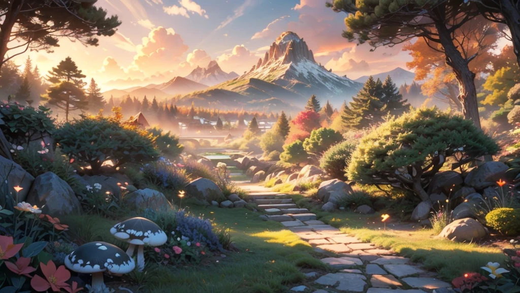 a futuristic small low pod home in a beautiful japanese garden, incredible view with dramatic mountain range, rocks plants flowers shrubs bushes trees moss lawns grass mushrooms,colourful sunset and strong sunbeams,very hazy,extreme details,photorealistic,4k,HD,beautiful,nature, dreamy, low shot,ground level photo, good luminosity, high ambience