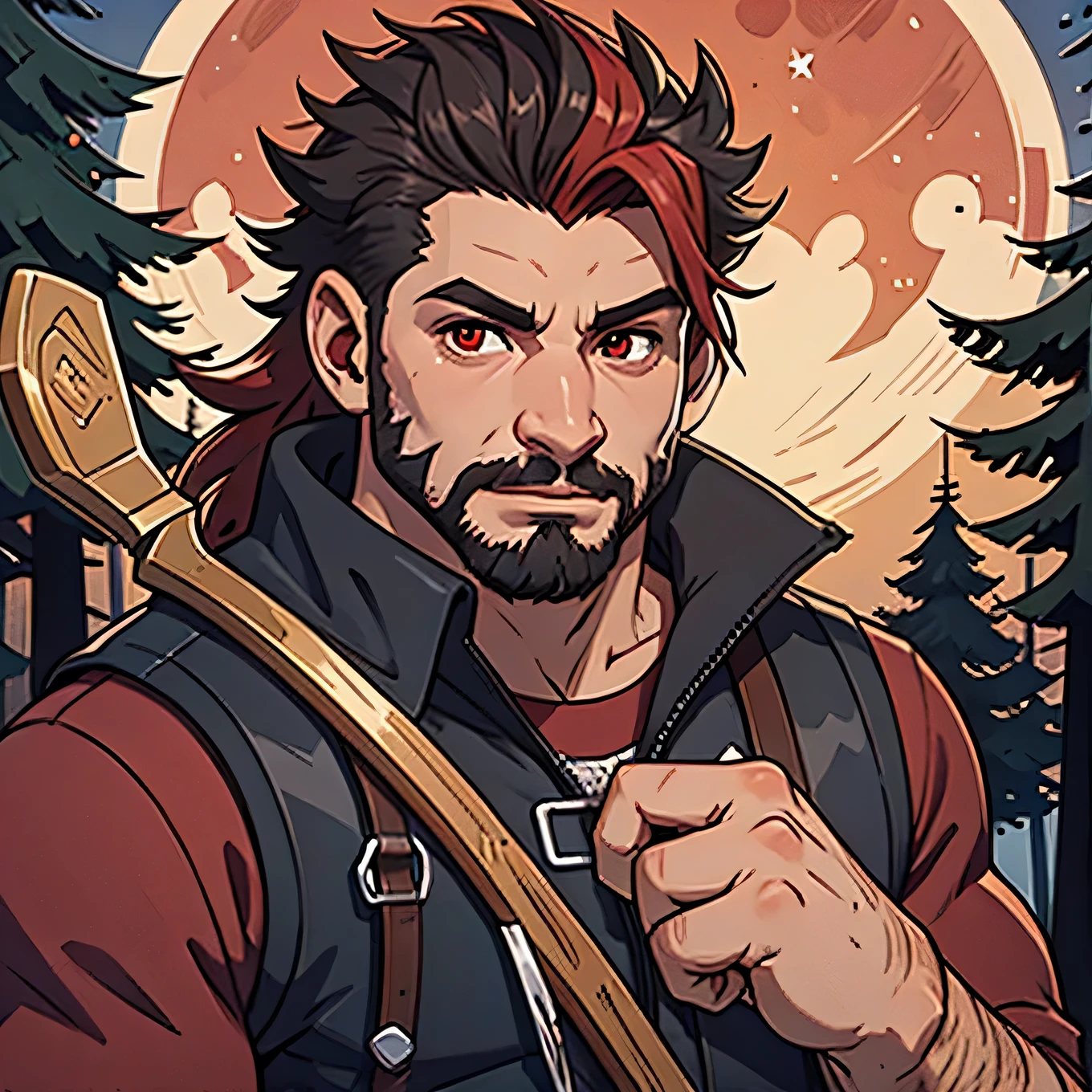 naughty man, Blood red eyes, bonitas, black hair with red highlights, brawny, With a scythe in hand (black with red details) , in the forest being illuminated by the beautiful blue full moon, with leftovers, fine-detailed, 8k