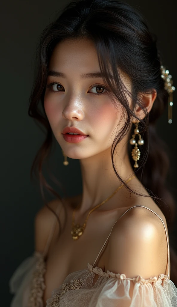 best qualityer, work of art, high resolution, 1 girl, transparent silk china don, beautiful  face, hair ornament, looking ahead at viewer, ssmile, cloused mouth,lips, don,hair ornament, necklase, jewerly, long hair, aretes, beautiful  face,about_cos, Tyndall effect,photorrealistic, dark studio, rim lighting, two tone lighting,(highly detailed skin:1.2), 8k uhd, dslr, soft lighting, high qualiy, volumetric lighting, candid, fot, high resolution, 4K, 8k, bokeh