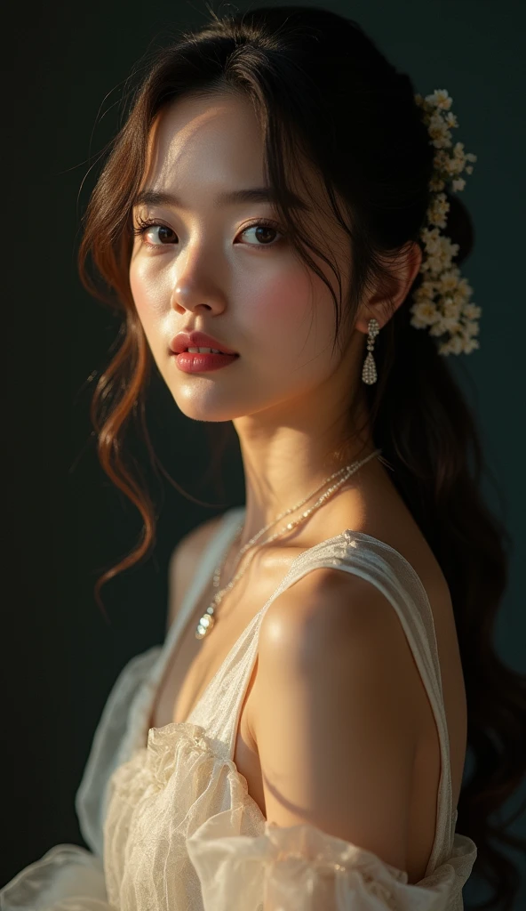 best qualityer, work of art, high resolution, 1 girl, transparent silk china don, beautiful face, hair ornament, looking ahead at viewer, ssmile, cloused mouth,lips, don,hair ornament, necklase, jewerly, long hair, aretes, beautiful face,about_cos, Tyndall effect,photorrealistic, dark studio, rim lighting, two tone lighting,(highly detailed skin:1.2), 8k uhd, dslr, soft lighting, high qualiy, volumetric lighting, candid, fot, high resolution, 4K, 8k, bokeh