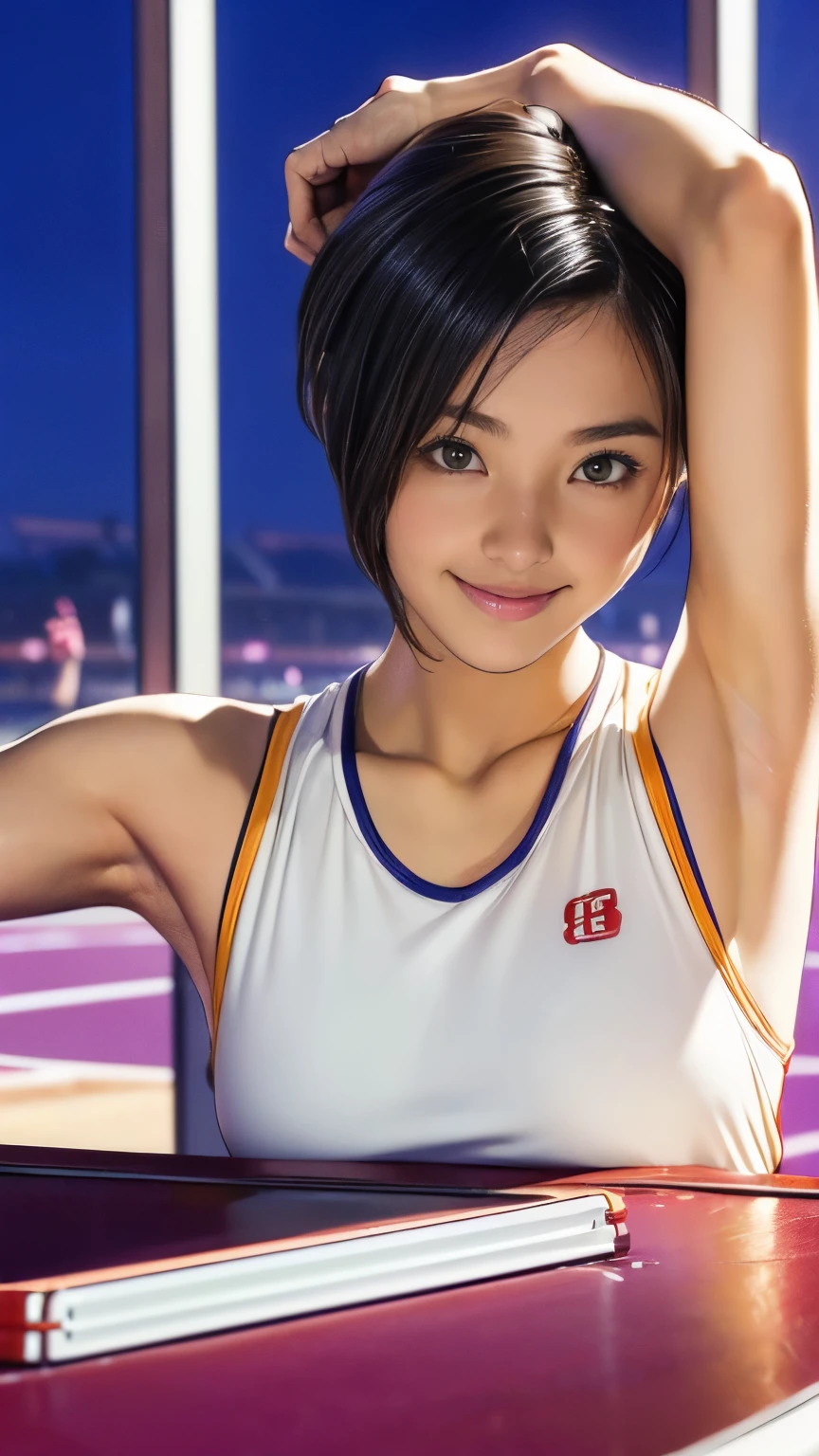 ( girl:1.5, Very slim:1.5, The arms are very thin:1.5, Very short hair), (On the table:1.3), (8K, Practical, RAW photos, best quality: 1.4), (shortcut:1.3), ((Cute, big eyes, Drooping eyes, Smile)), (Genuine Leather), Beautiful Skin, 超high resolution, Ultra-realistic, high resolution, (夜のsports場, track and field:1.5), sports, (Let me see your armpits:1.4), (Put your hands behind your head:1.2)