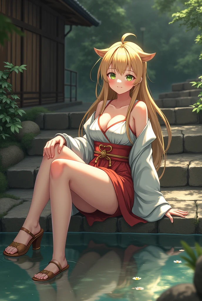 1 girl(masterpiece,top quality,best quality,official art,Beauty and aesthetics:1.2),blonde hair,green eyes,long hair,big sister,tall figure,enchanted,enchanting,Flushed complexion, playful expression while Blushing, super gigantic breasts,Breasts larger than the head, kimono, clogs,Off the shoulders, cleavage,Sitting on the stone steps by the water of a hot spring, thigh exposed.