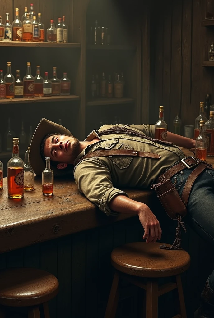 Drunk cowboy with many bottles of whiskey, lying on the bar table.