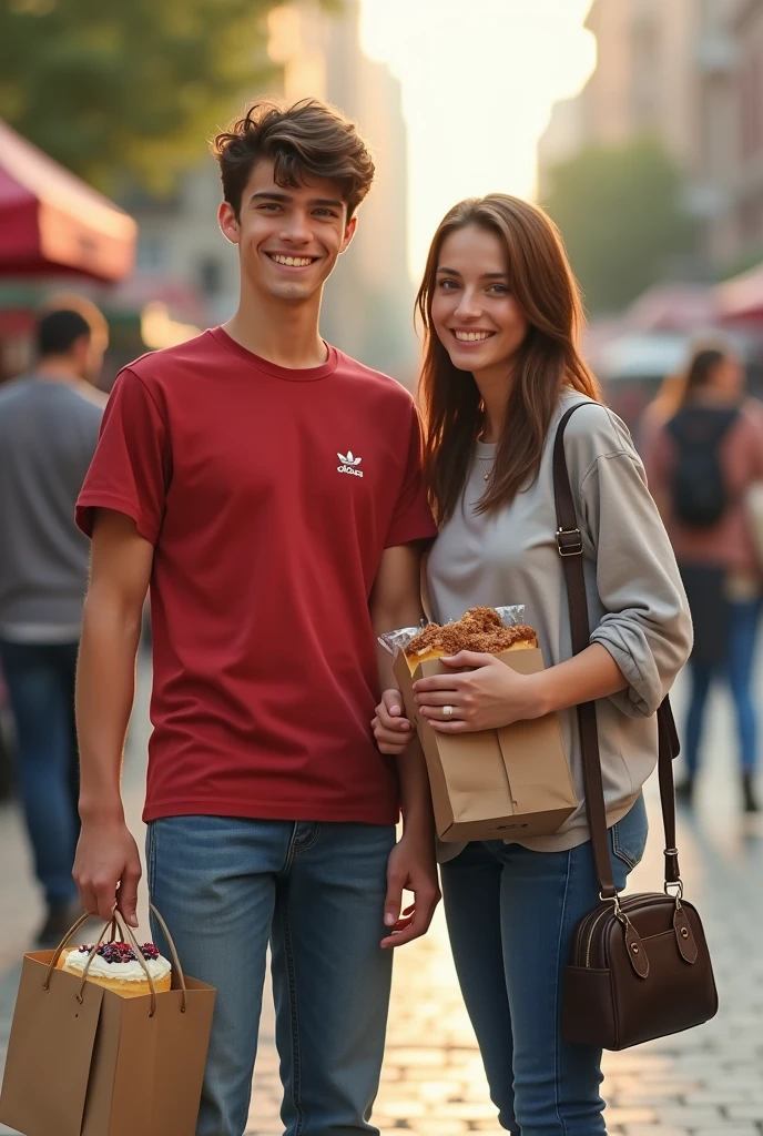 create a photo of a boy from 1.75 meters tall and his mother is 1.60 meters tall with straight hair, going out to sell cake on the city streets with the cakes in bags.Remember that they sell in stores in cities, and the boy also has a man's purse with money inside it and the purse is next to him. remember that the smiling and fixed looks for drentee they do not wear an apron just jeans and a red adidas shirt and the mother wears a long sleeve shirt and jeans he is a teenager and she is a 30 year old woman. They are homemade cakes without simple icing. , without frosting and bags with handles the boy is bigger than his mother simple cake WITHOUT FROSTING
