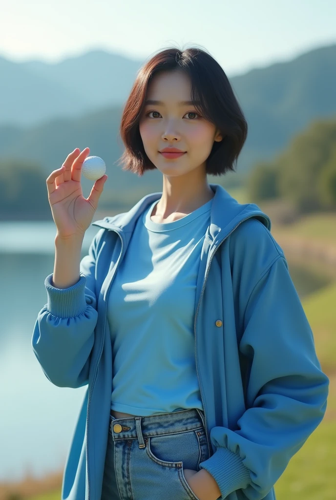 Highly realistic 8k photos, reservoir background, Hold the golf ball with one arm out to the side and in plain view., Korean woman, Wearing a blue T-shirt and a blue jacket on top, Wearing jeans, standing face to face, Looking at the camera, short hair, A little smile, Full focus
