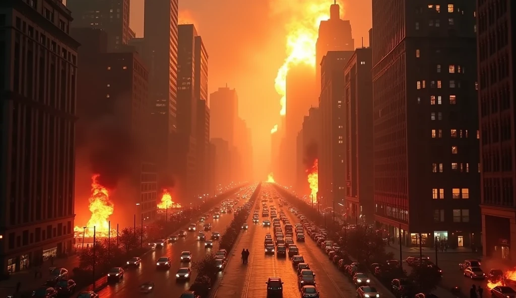 New York City in Chaos; fires in buildings in broad daylight; bombs exploding.