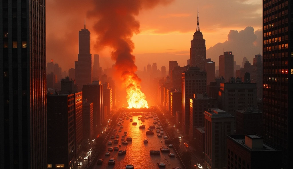 New York City in Chaos; fires in buildings in broad daylight; bombs exploding.