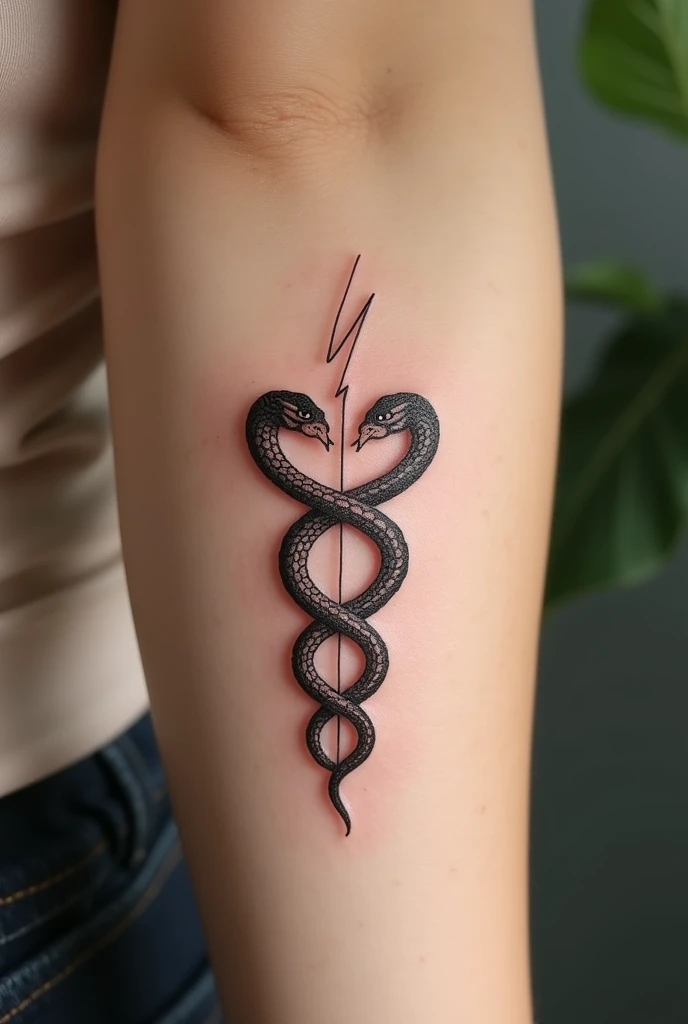 Tattoo with the Physiotherapy Symbol which is two intertwined snakes with the lightning in the middle but delicate