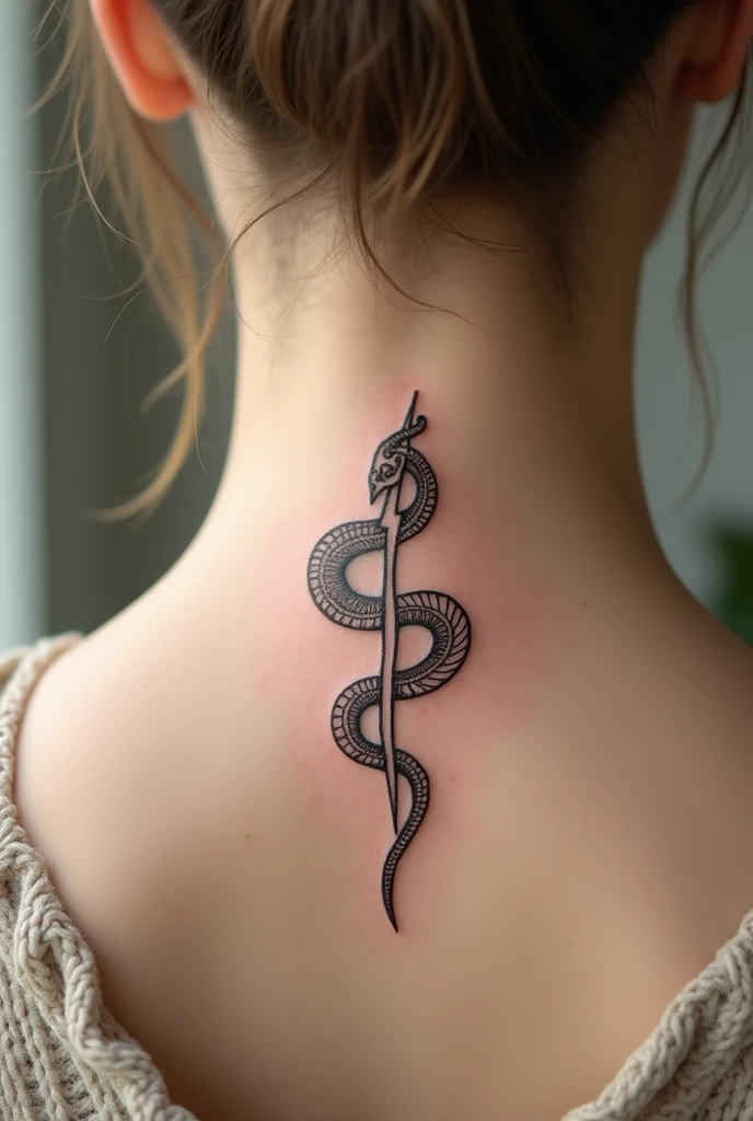 Tattoo with the Physiotherapy Symbol which is two intertwined snakes with the lightning in the middle but delicate