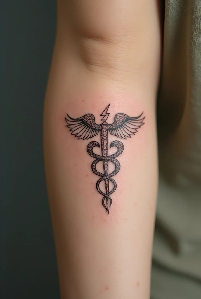 Tattoo with the Physiotherapy Symbol which is two intertwined snakes with the lightning in the middle but delicate