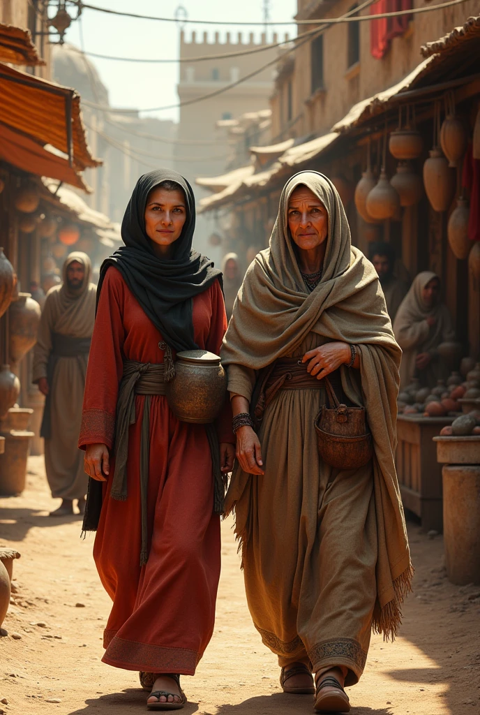 Realistic images of Ruth and Naomi from the Bible passing through a town