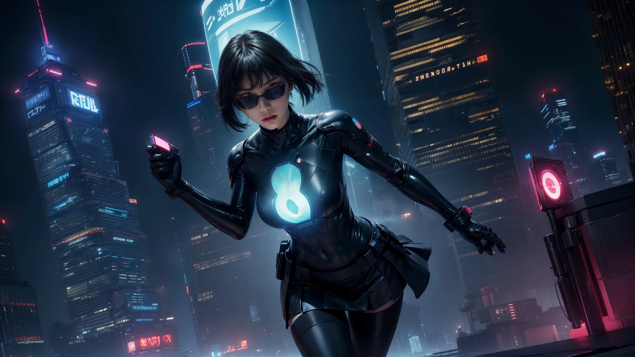 (Wide angle view). "ghost in the shell" film inspired futuristic Tokyo city, simple outlined neon tall buildings, OLED holographic portrait on buildings, glowing giant clock tower, 1drone, lightning, 3D rendering Beeple. At night, (1girl, solo, alone), photorealistic, medium-breast slim:0.6 body, oval:0.5 face, cleavage:1.1, sexy costume with deep-v, low view pleated miniskirt, glove, (Matrix style black micro sunglasses), ((aiming viewer with a short gun)), (running pose), (half-body thigh level close-up shot), cinematic lighting, ray tracing.