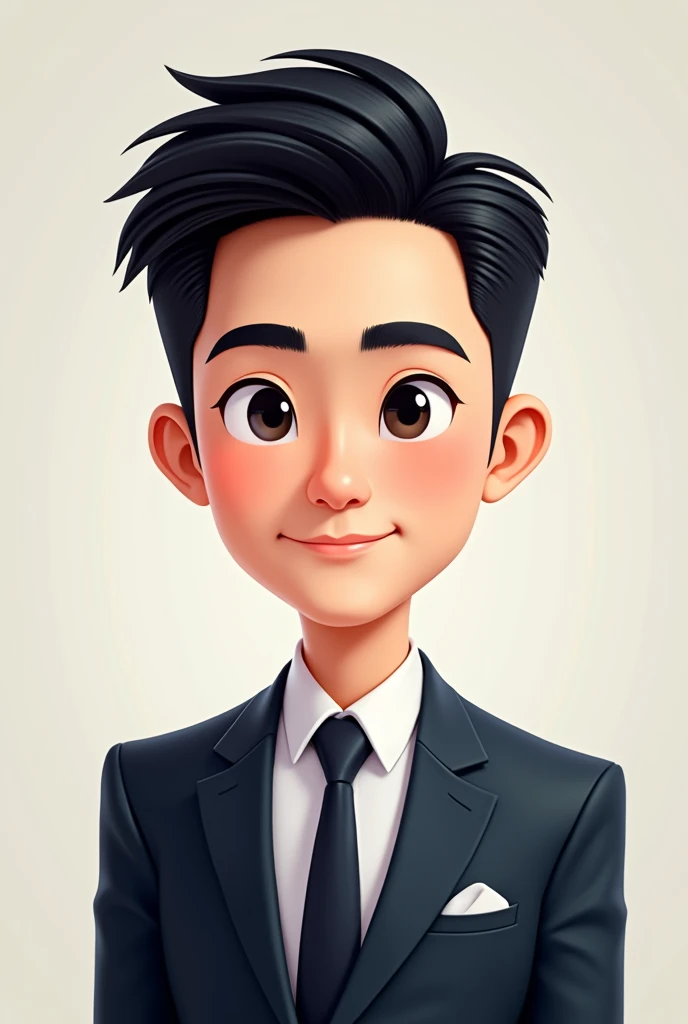 A young man with black hair and black eyes, wearing a suit, handsome, half Korean, half Thai, still a handsome young man, a cartoon character.