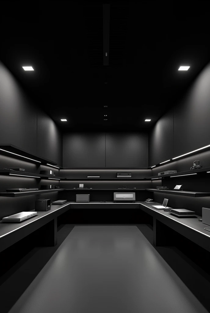 Modern electronics store with no people inside, black color