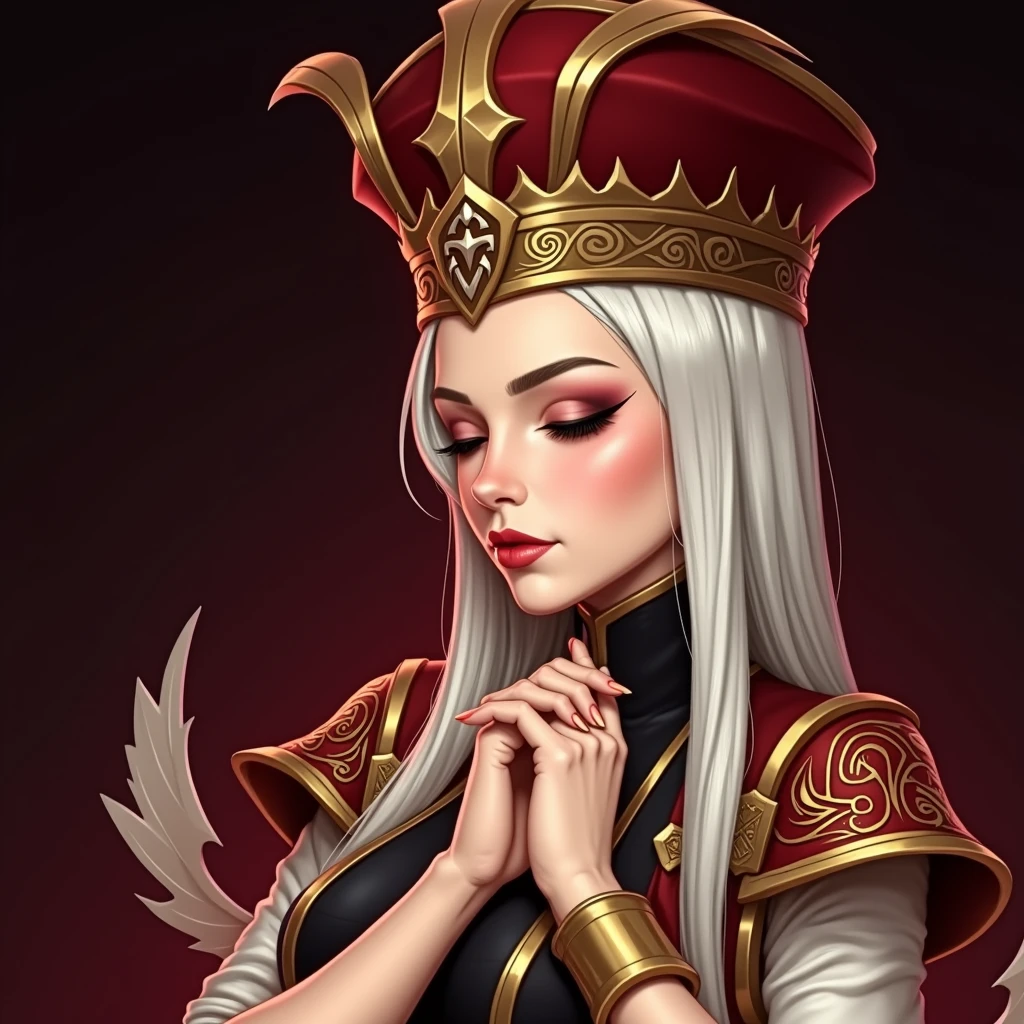 (masterpiece, high quality:1.8), extremely detailed, ambient,
SallyWhitemane, 1girl, mature female, FeelsGood, closed eyes,
determined,
white hair, long hair, closed eyes, jewelry, (eyeshadow:1.3),
hat, shoulder armor, (two-tone leotard:1.2), gold trim,
red background,
