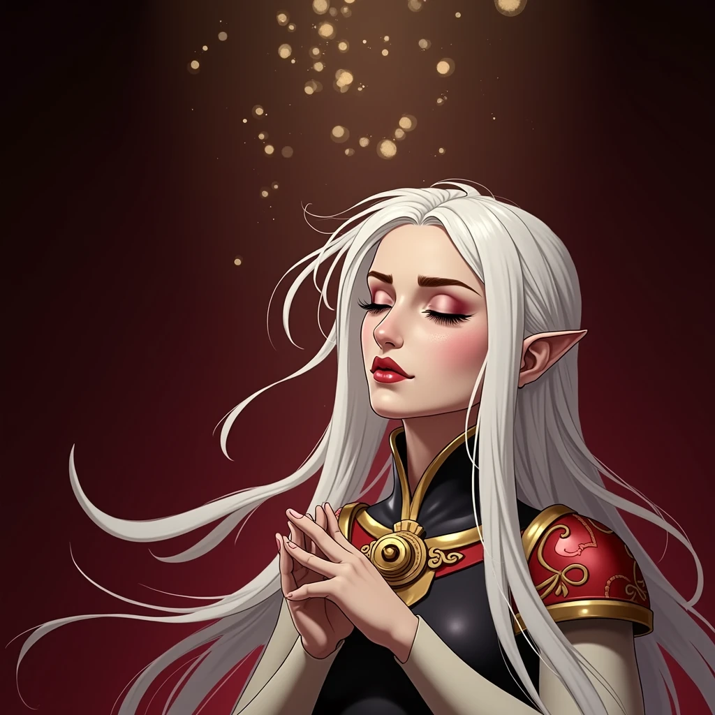 (masterpiece, high quality:1.8), extremely detailed, ambient,
SallyWhitemane, 1girl, mature female, FeelsGood, closed eyes,
determined,
white hair, long hair, closed eyes, jewelry, (eyeshadow:1.3),
hat, shoulder armor, (two-tone leotard:1.2), gold trim,
red background,
