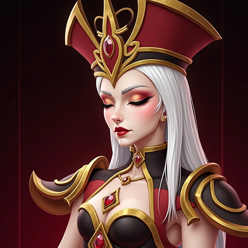 (masterpiece, high quality:1.8), extremely detailed, ambient,
SallyWhitemane, 1girl, mature female, FeelsGood, closed eyes,
determined,
white hair, long hair, closed eyes, jewelry, (eyeshadow:1.3),
hat, shoulder armor, (two-tone leotard:1.2), gold trim,
red background,
