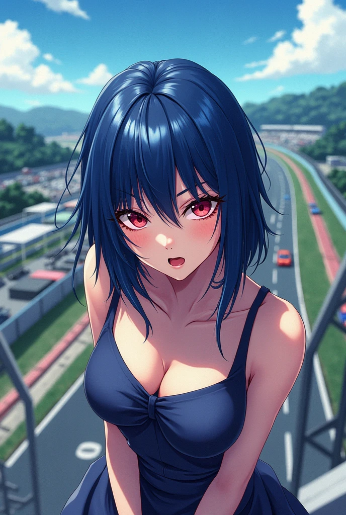 (obra off arte:1.4), (melhor qualidaoff:1.4), extremamente offtalhado, intrikate, hiper offtalhado, illustration,soft lighting, scenic, 1 girl, disgust, navy blue hair, colorfully, fullcolor, off_High above ,vampyre_custom , race track, corpo off tubarão 